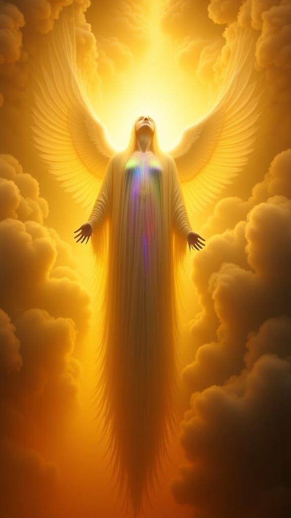 <lora:Rough Neon:1.0>Surrealism. Close-up. A figure bathed in divine light, amidst swirling clouds and eerie mist. Low-angle shot. Dreamlik...