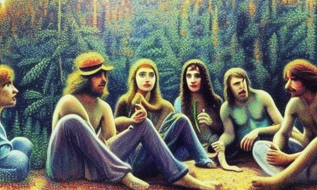 4 Hippies sitting in a circle passing around marijuana joint...