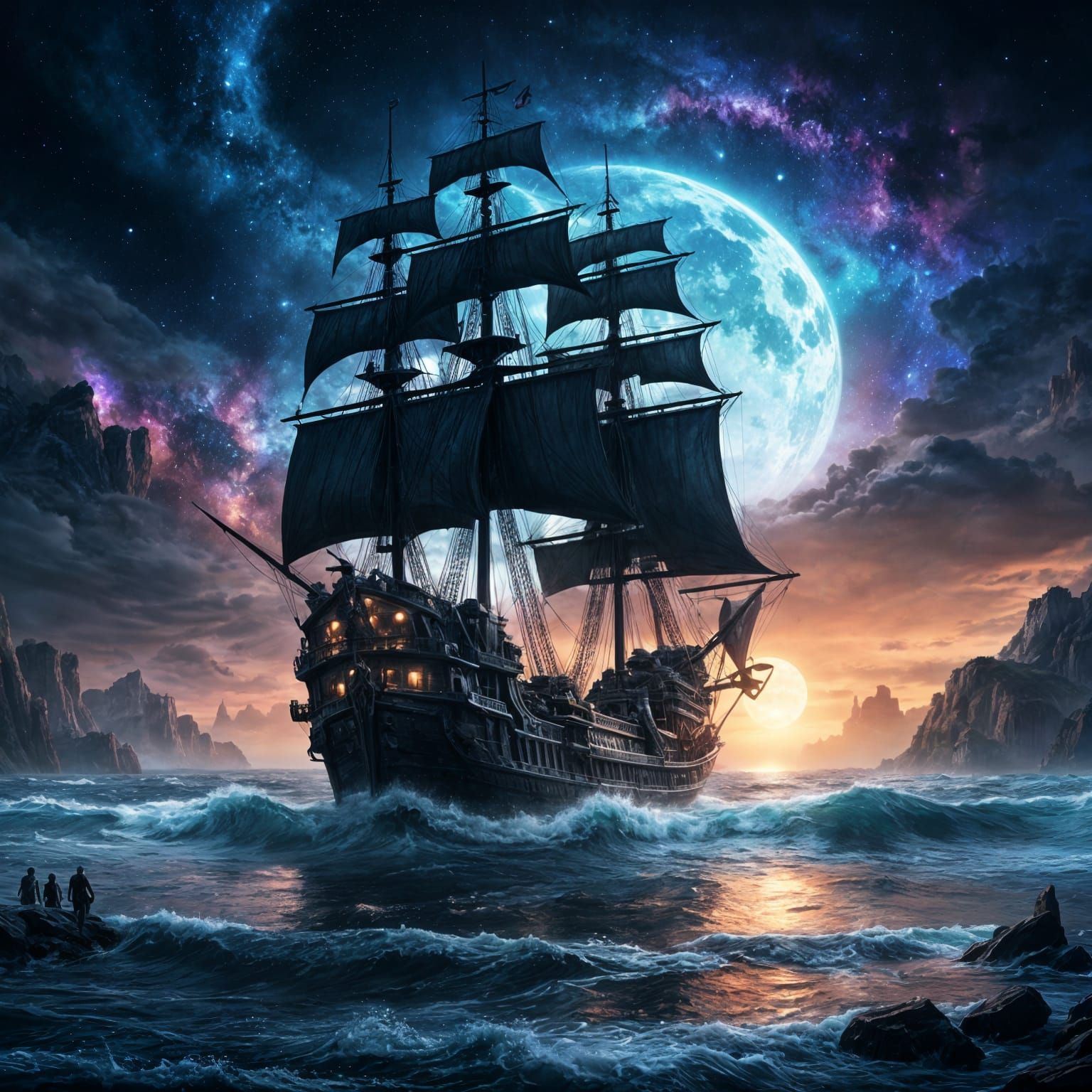 A ghostly pirate ship sails through a sea of stars, its sails tattered and glowing, 1  by @Queen274