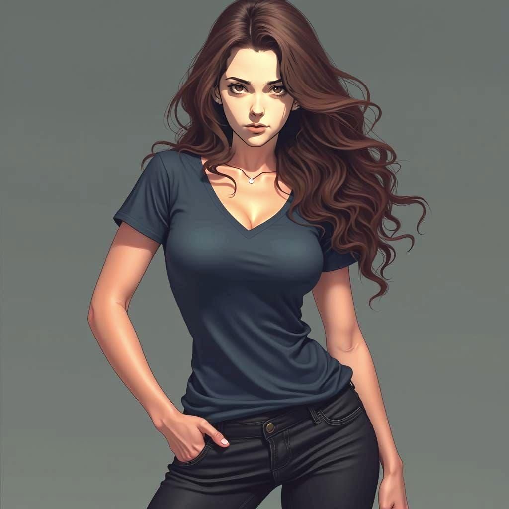 hyper realistic, Caucasian women, dark brown eyes, wavy long brown hair, wide jaw line, dark blue T shirt, black jeans, thin lips, mouth clo...
