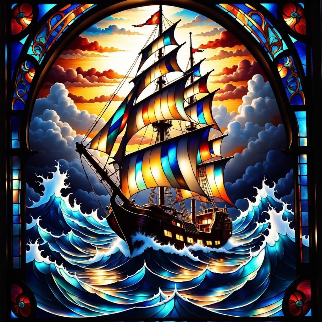 Stained Glass Window :: Pirate Ship in a Wild Tempest <lora:Stained Glass:1.3> 