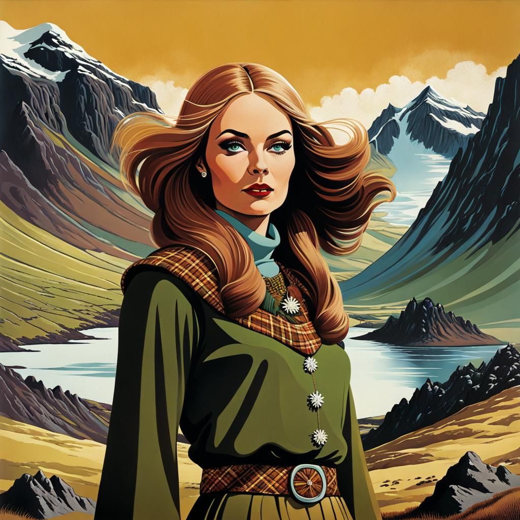 Scottish woman. Fantasy. 1970s. Earth tones. Cartoon-like. I...