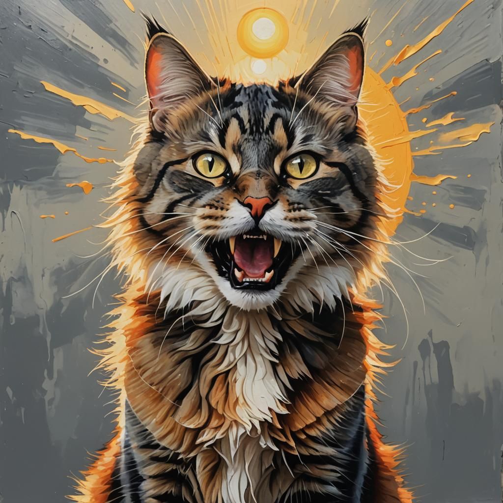 Cat meowing with a sun in the background hyper realistic