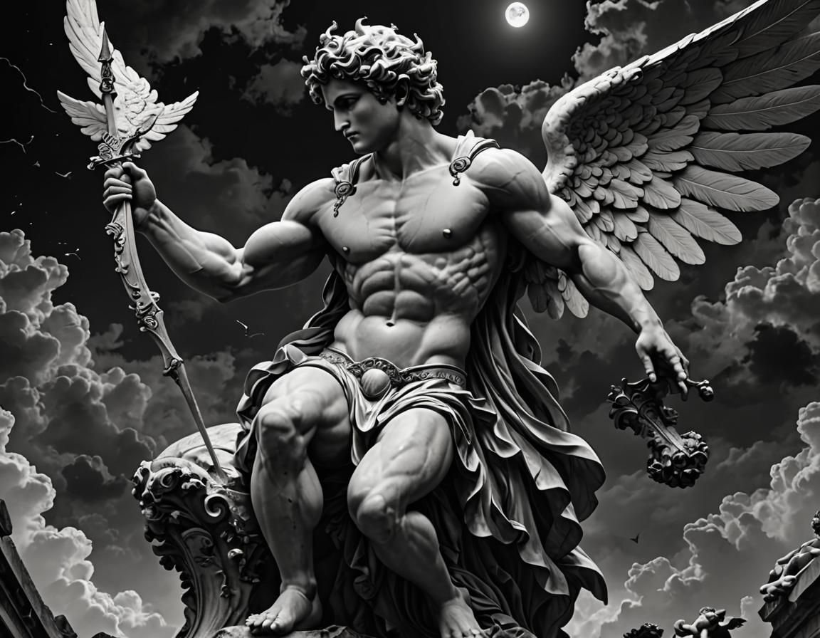 (((dark comic))), Black and white, (((Cupid))), Greek god Er...