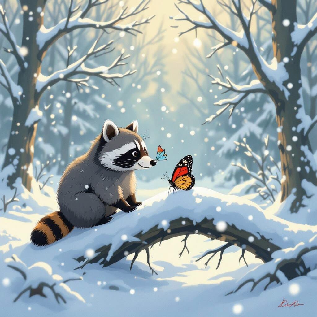 Raccoon and Butterfly in Snowy Landscape - Studio Ghibli Sty...