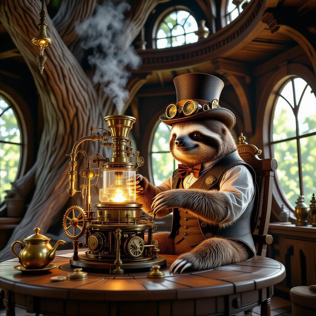 A steampunk-inspired sloth, wearing a brass-goggled top hat and a waistcoat, is leisurely operating a ...  by @Enigma