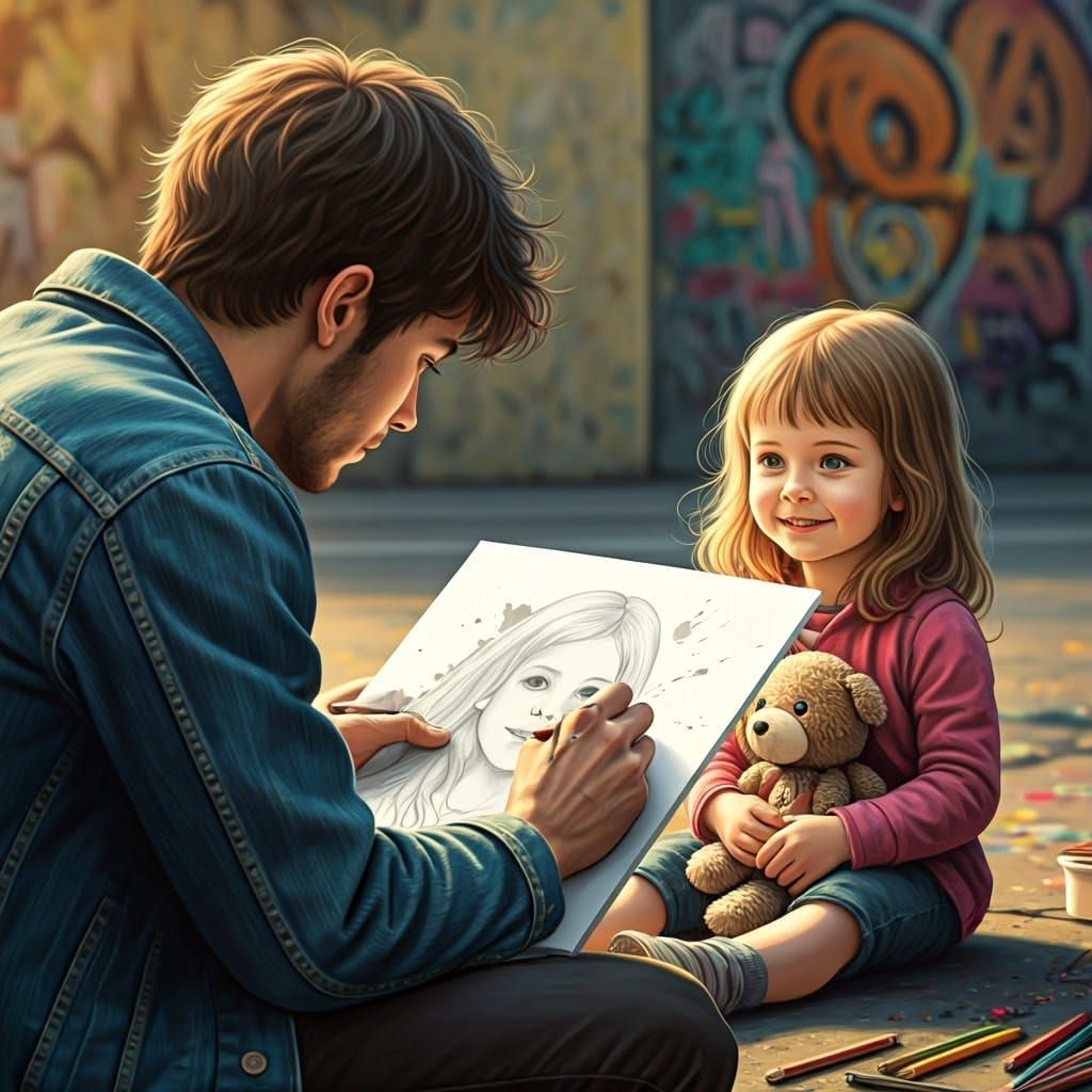 a street artist on the boulevard draws a portrait of a little girl on a white sheet of paper, the girl ...  by @Barabashka