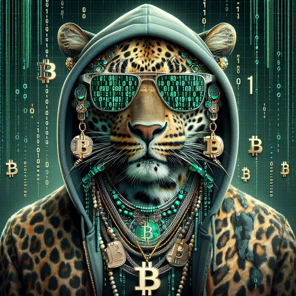 MATRIX style portrait of a leopard wearing sunglasses and a hoodie and bitcoin jewelry, built from green numbers in a ma...