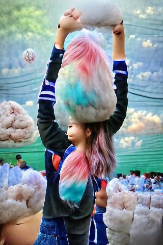girl holding up cotton candy hair