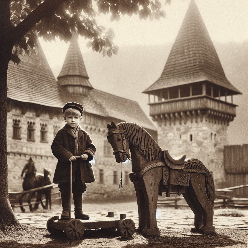 A boy with a wooden horse