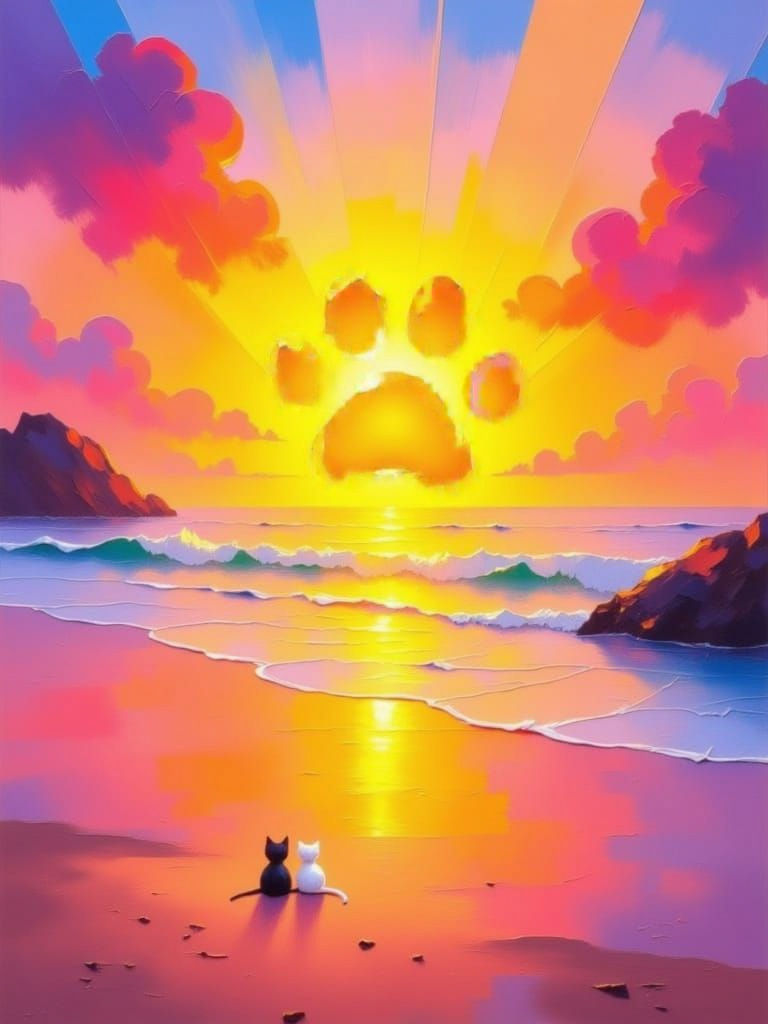 Giant Cat Paw Sunrise Over Beach with Kittens