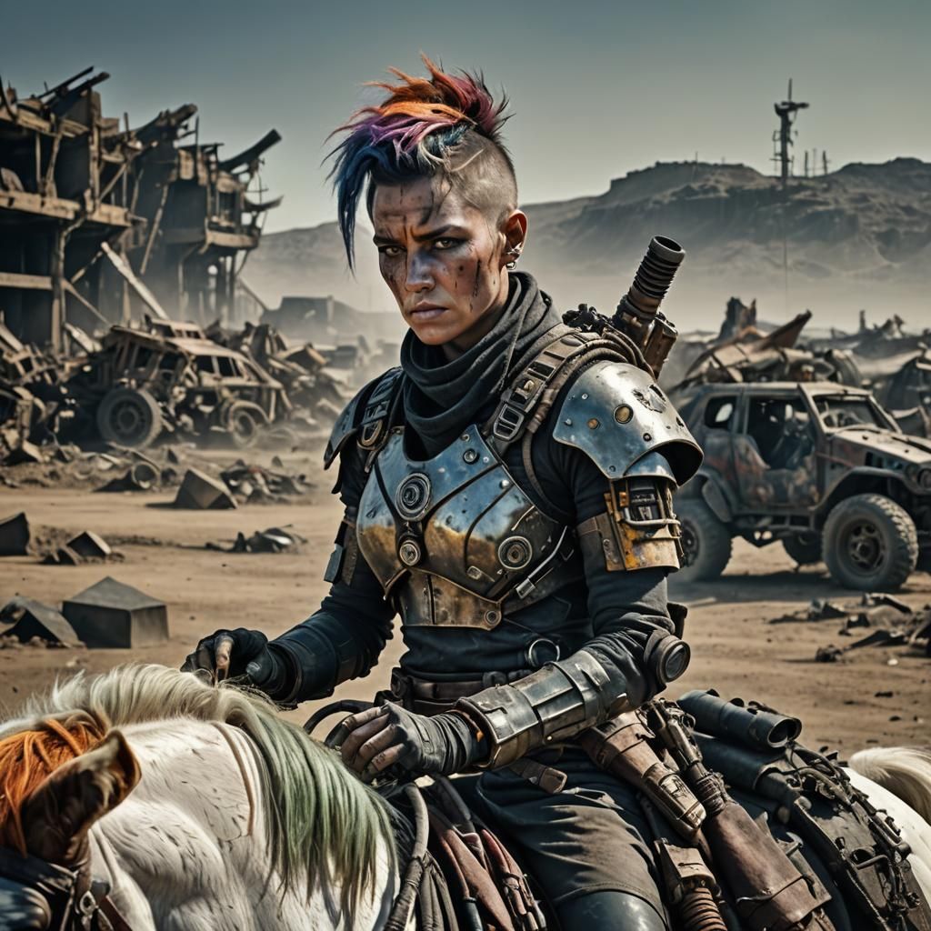 A 30 year old woman,  mohican multicoloured hair, cyborg arm...