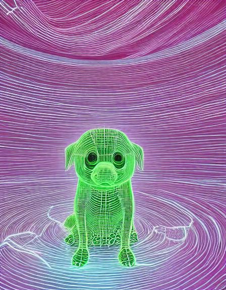 Cute Glowing neon wireframe 3d puppy, huge and deep multilay...
