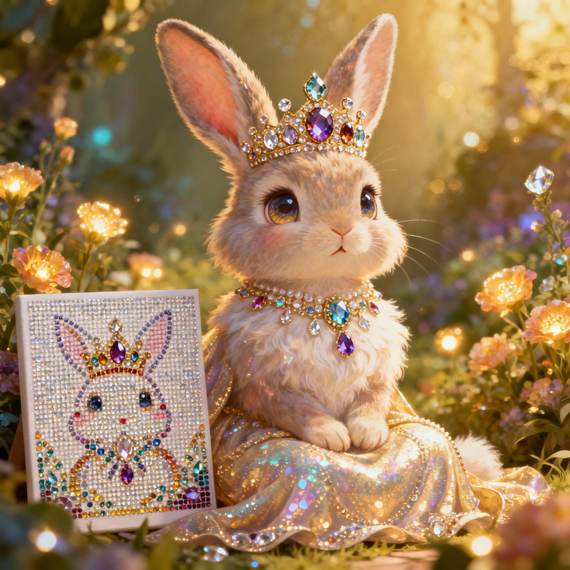 Portrait of a bunny queen with large ears and large eyes . A diamond art kit made with real gem stones and precious gems and real crystals 