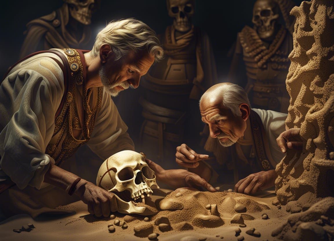 Two archaeologists carefully unearth a mammon skeleton light sand detailed matte painting intricately detailed deep colo...