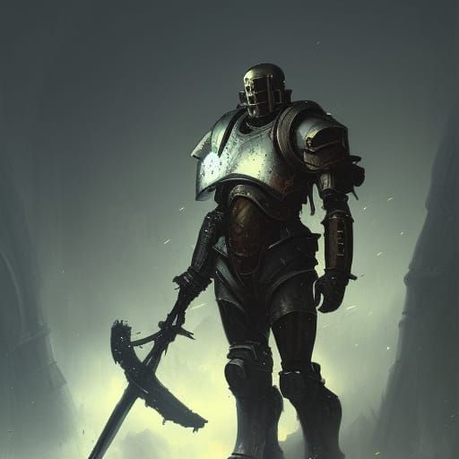 Warforged knight with heavy clad in armor. Lost in a battlef...