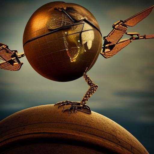 robotic bird in flight holding the earth with golden ropes.