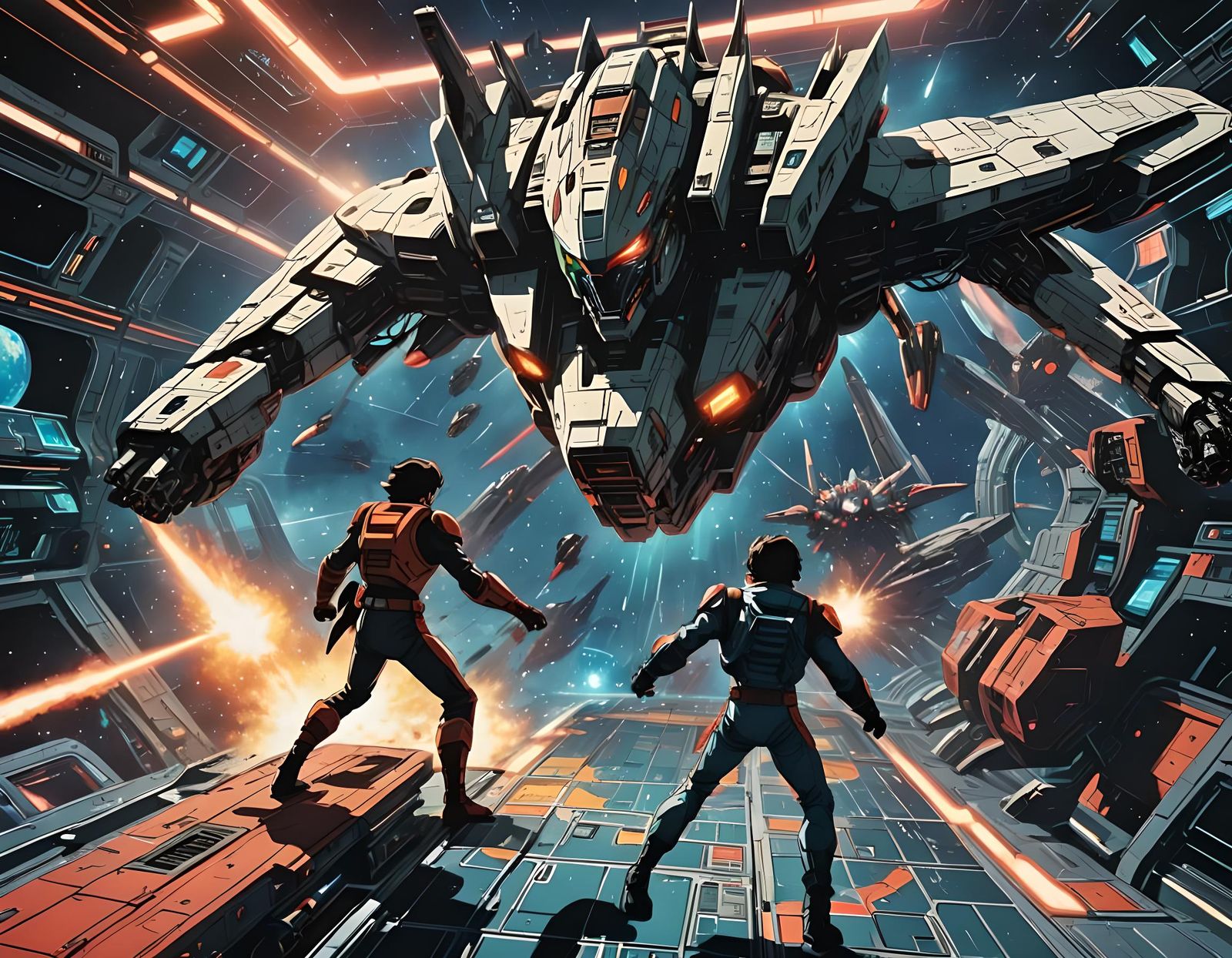 Intense fighting seen between hero and villain in the futuristic space ship, in the 80s anime style  by @viisipuu
