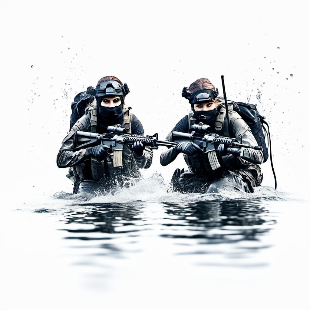 <lora:Dark backgrounds:1.0>  female navy seal in tactical gear, emerging from the water holding a rifle, grunge, threatening and ominous 
