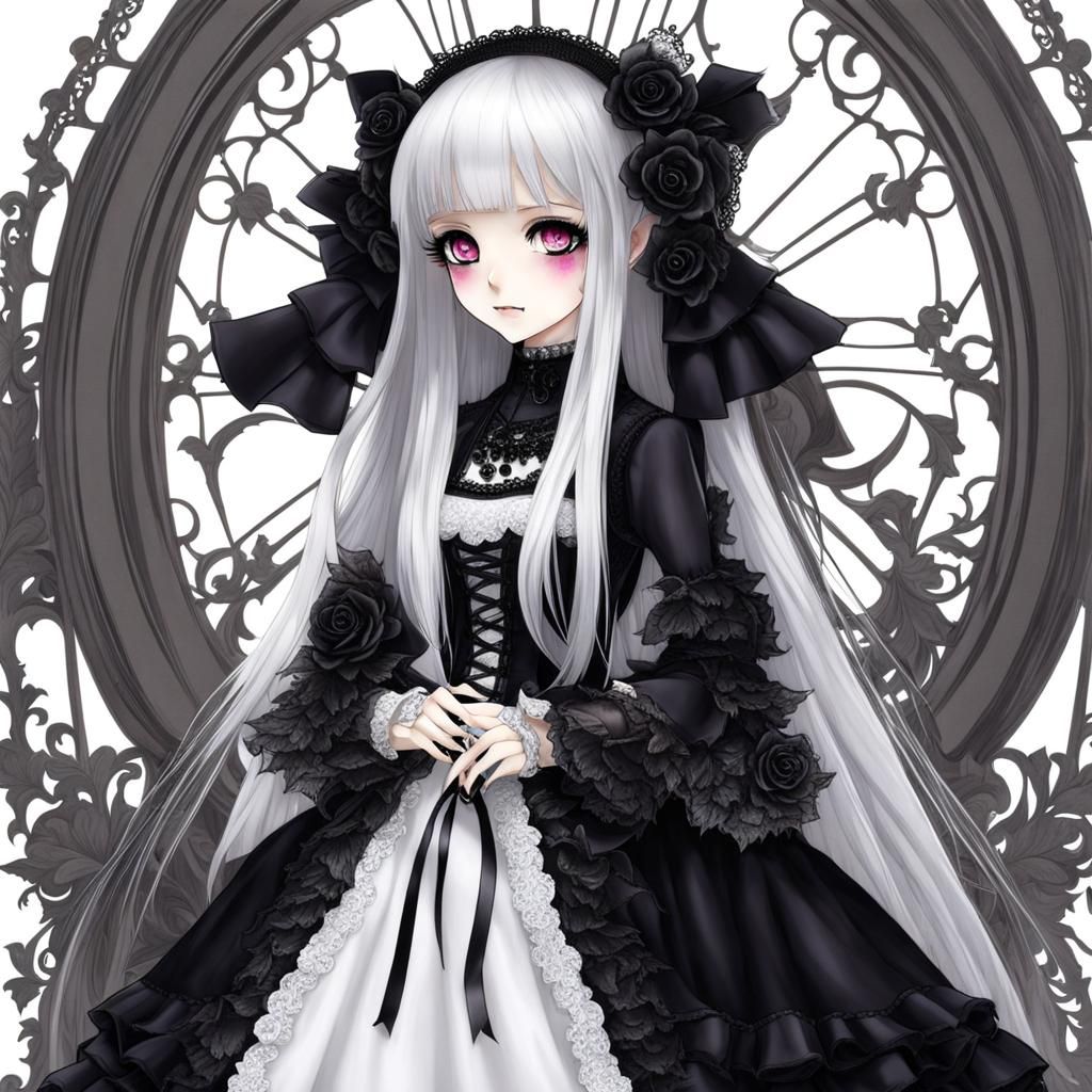 doll, gothic dress, long hair white, anime