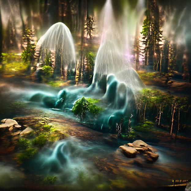 Flowing water fountain in the beautiful deep forest [8K 3D matte background matte painting volumetric lighting]