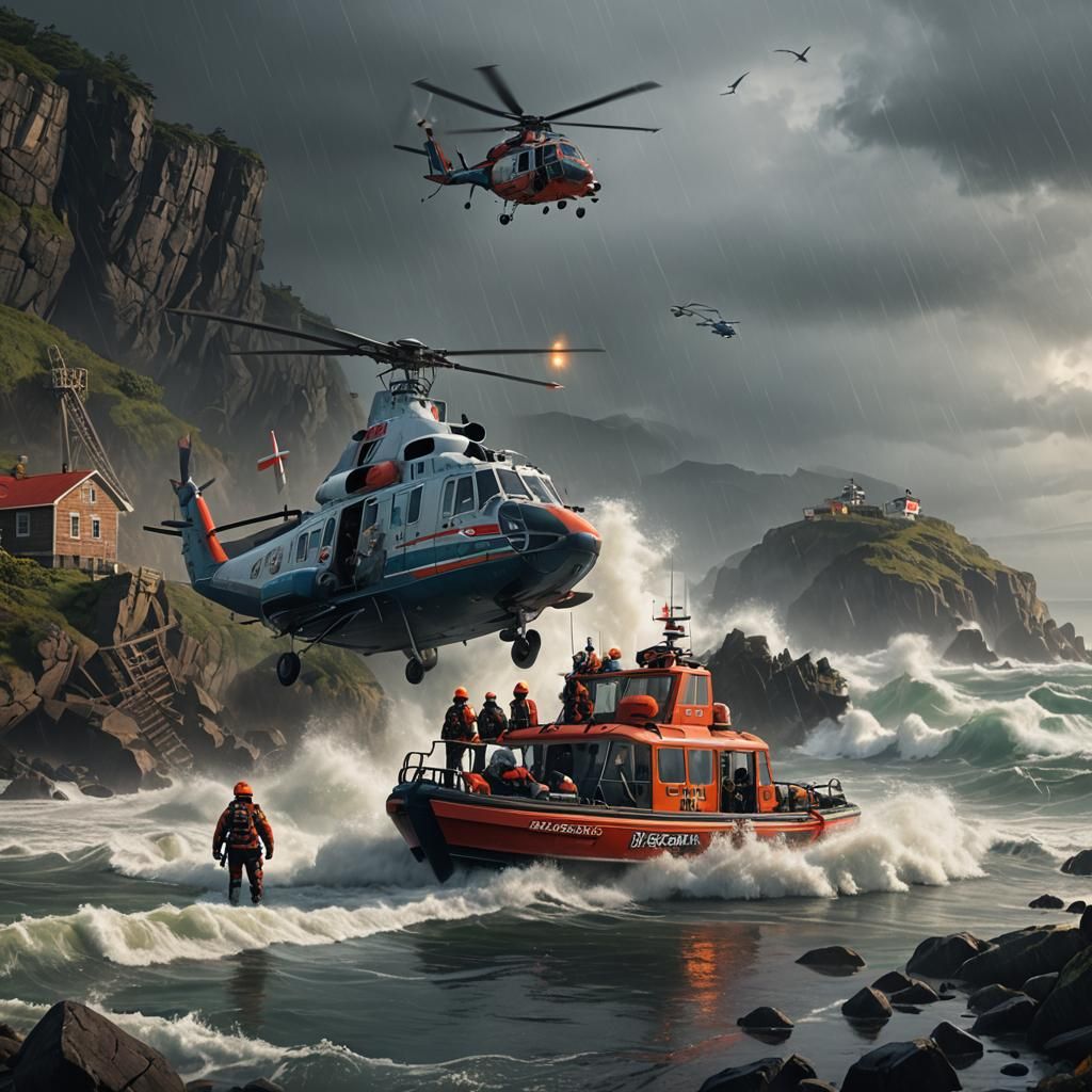 Uscg rescue team aiding a family in rainy coastline