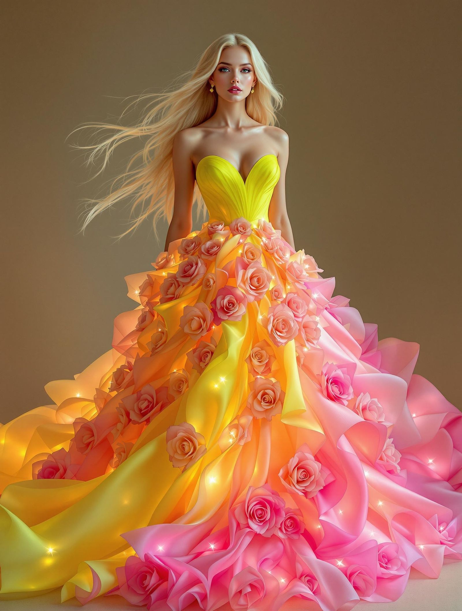 An elegant woman with flowing long blonde hair, wearing a breathtaking gown that radiates sophistication