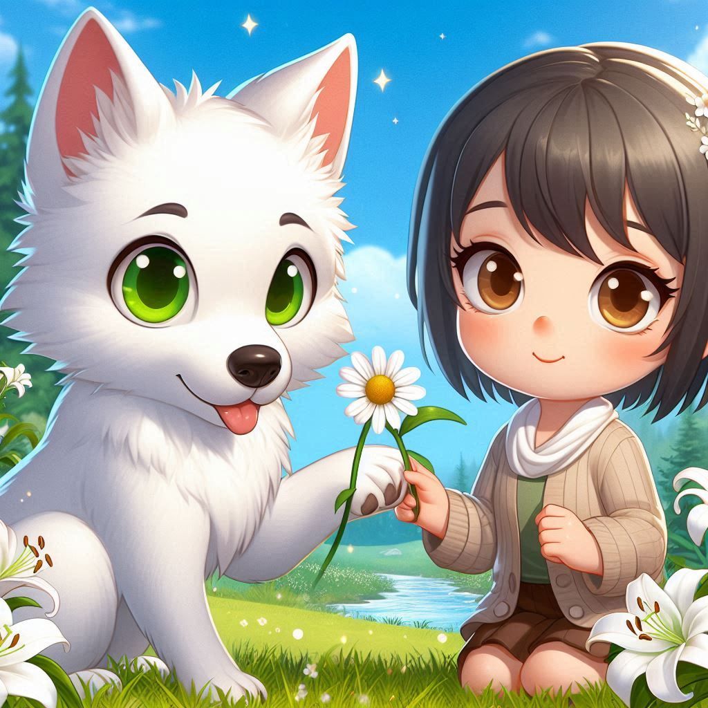 Wolfie gifts Moon a friendship daisy