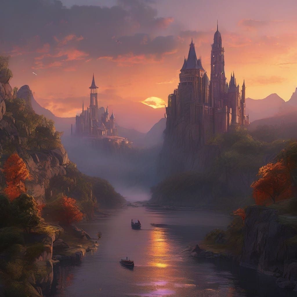 Whimsical Fantasy Cityscape at Sunset