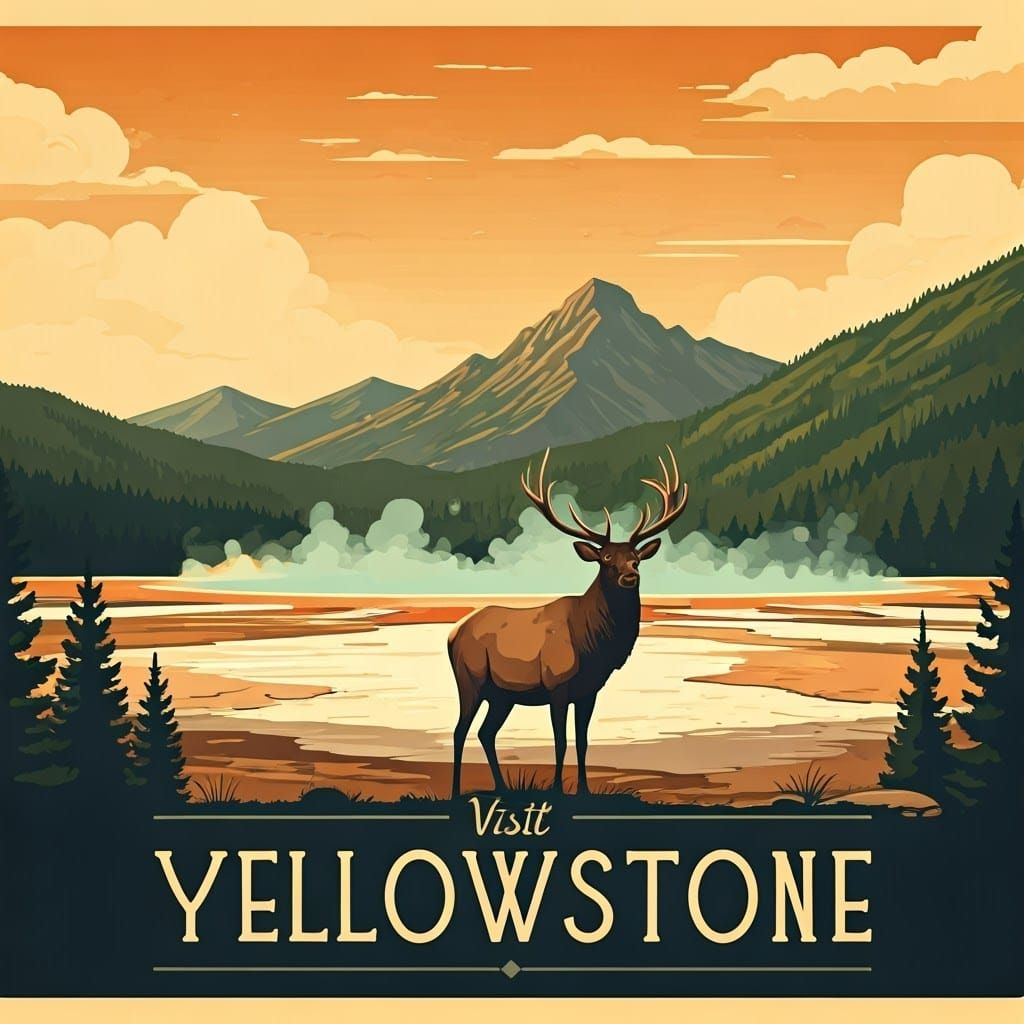 Vintage Yellowstone national Park getaway poster with the words "visit Yellowstone"with vintage illustrations ...  by @Make me