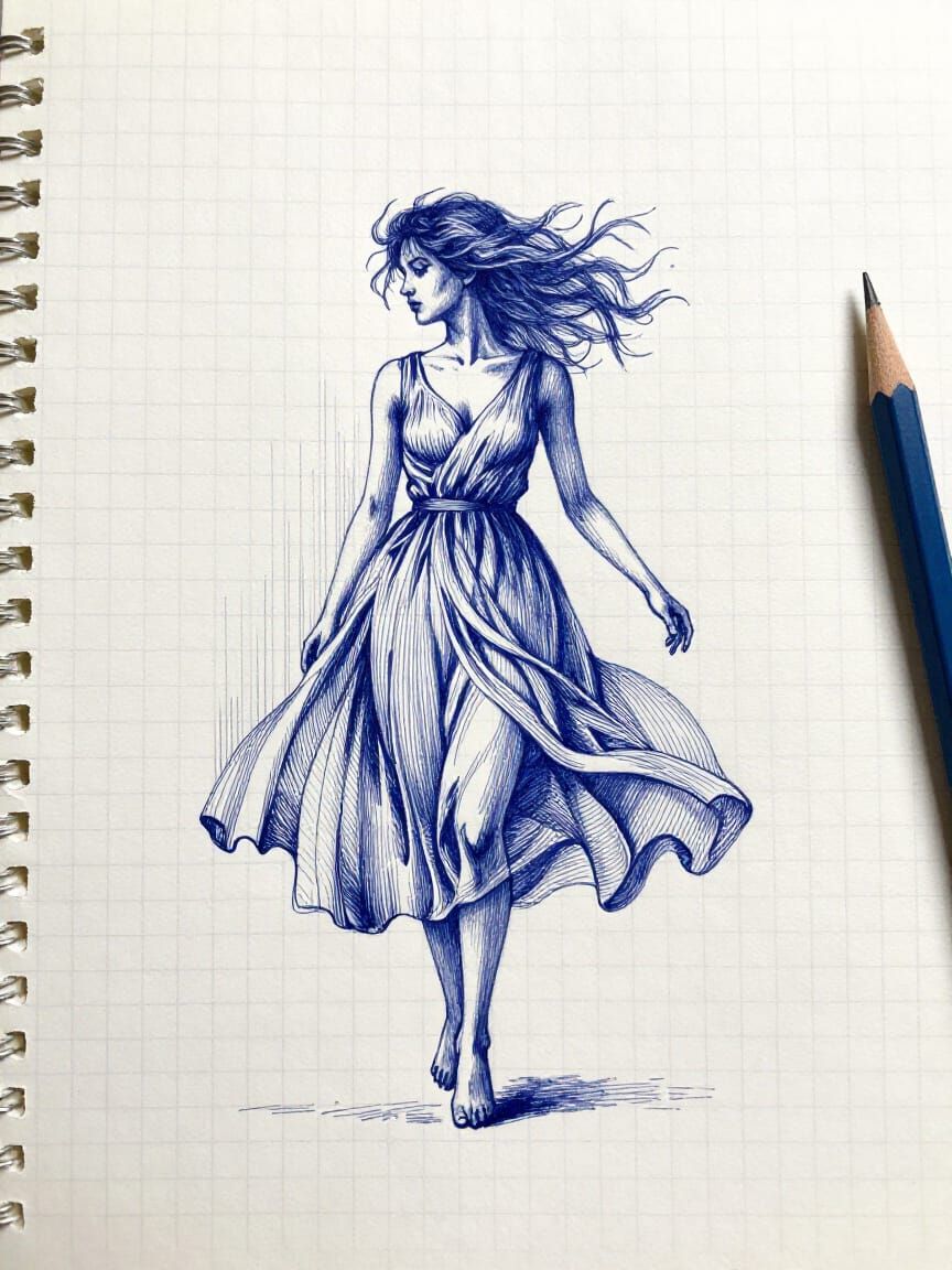Ethereal Figure in Blue Ink on Graph Paper