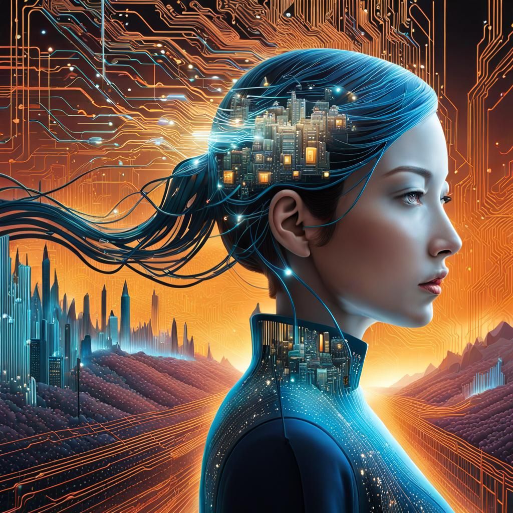 A surreal illustration depicting a landscape made of circuitry and data streams, representing the flow ...  by @ADD Hoarding Procrastinator