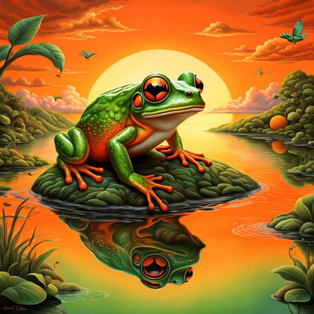 Neon Green Frog Enjoys the Orange Sunset  by @undefined