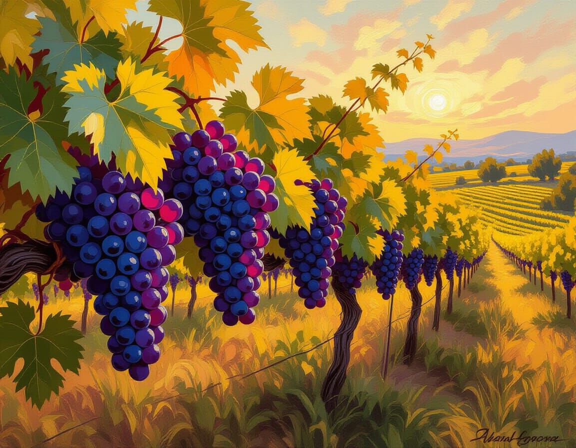 Vibrant Grapevine in Golden Hour Light, Impressionist Style
