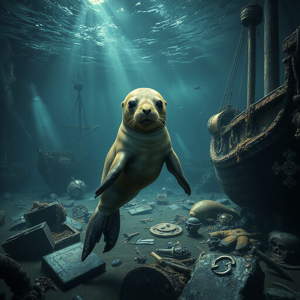 Deep under the sea, a graveyard of  sunken pirate ships, spilling with treasure and relics, is a playground for baby seals 3D Game Cinematic...