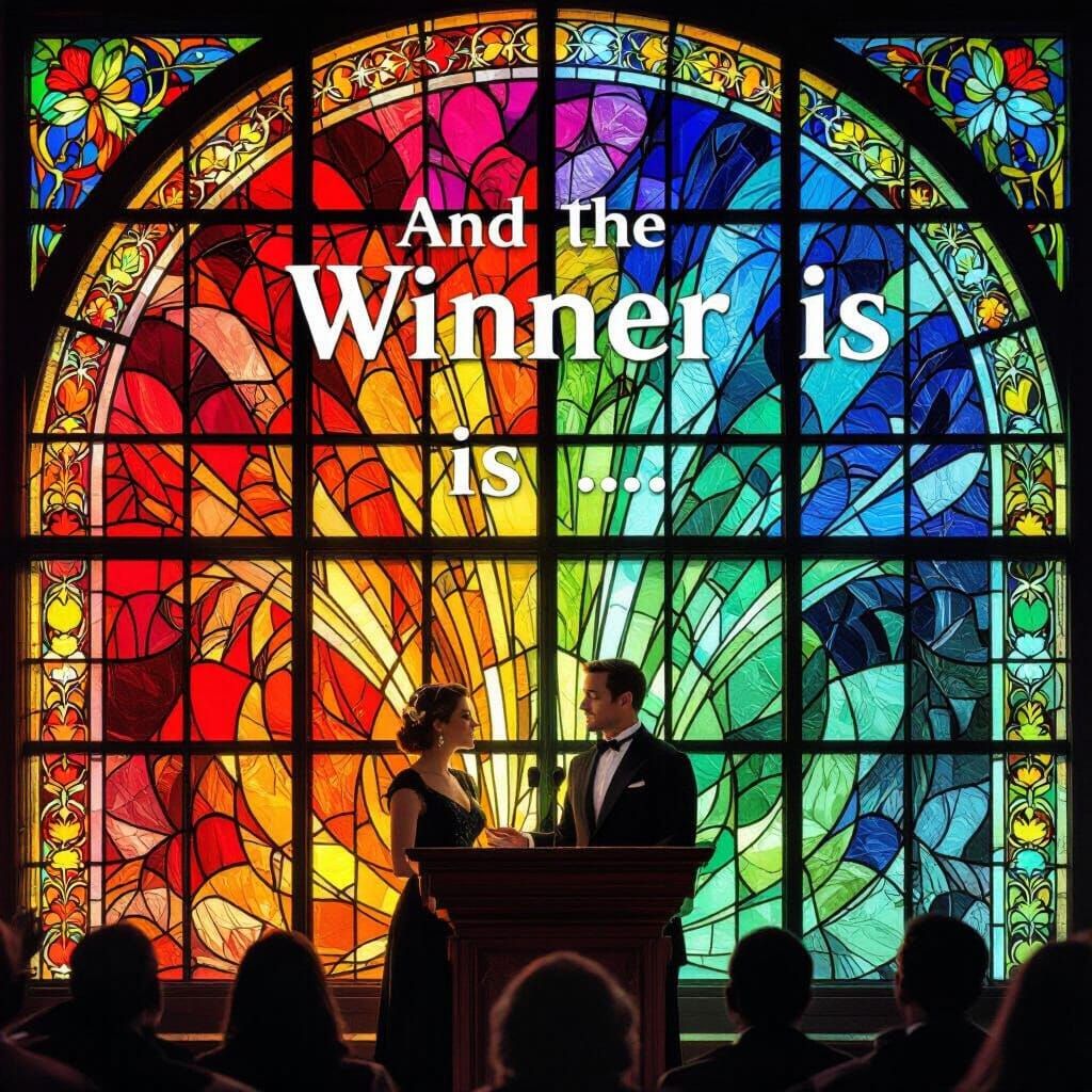 A grand stained glasses window comprised of 50 different colors and completely fills the background.  Imposed in the front is a man and wom...