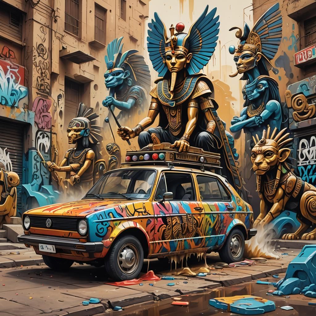 Egyptian gods crusing a Vw golf 