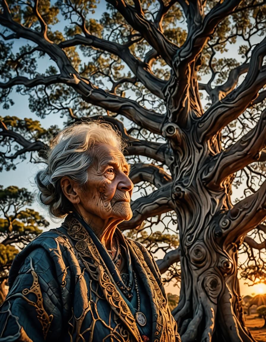 Wrinkled Woman, wrinkled tree, clothes to match.