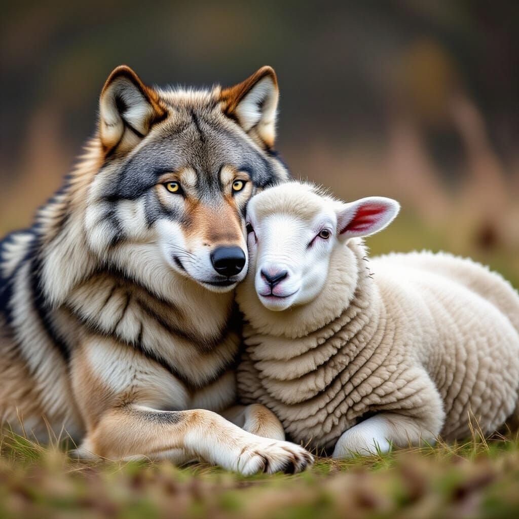 Wolf and Sheep Cuddling Together
