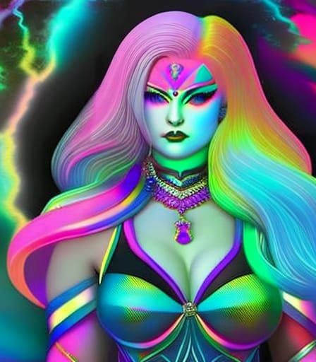 Rainbow Haired Gypsy Girl in Gouache Painting Style