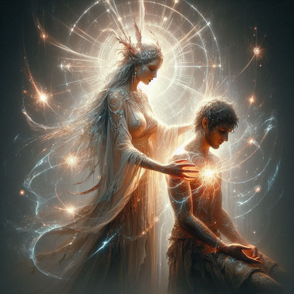 Priestess healing a warrior with a severe wound 2