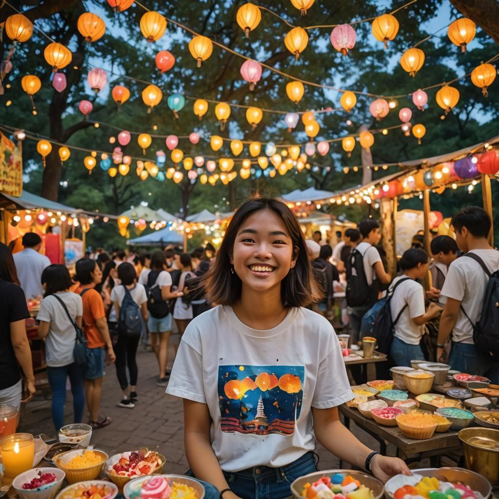 A Thai student in casual summer attire, enjoying a campus festival with