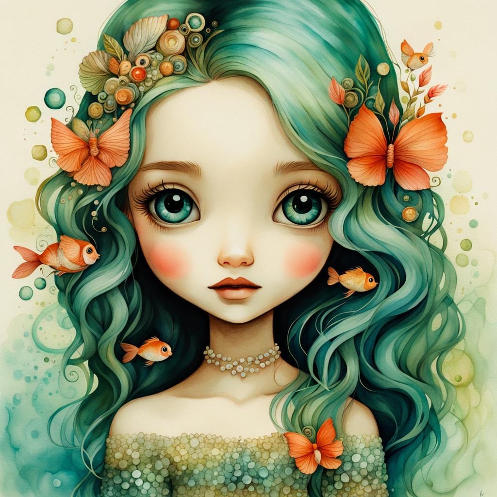 Chibi mermaid with big eyes , whimsical illustration, magical, joyful ...