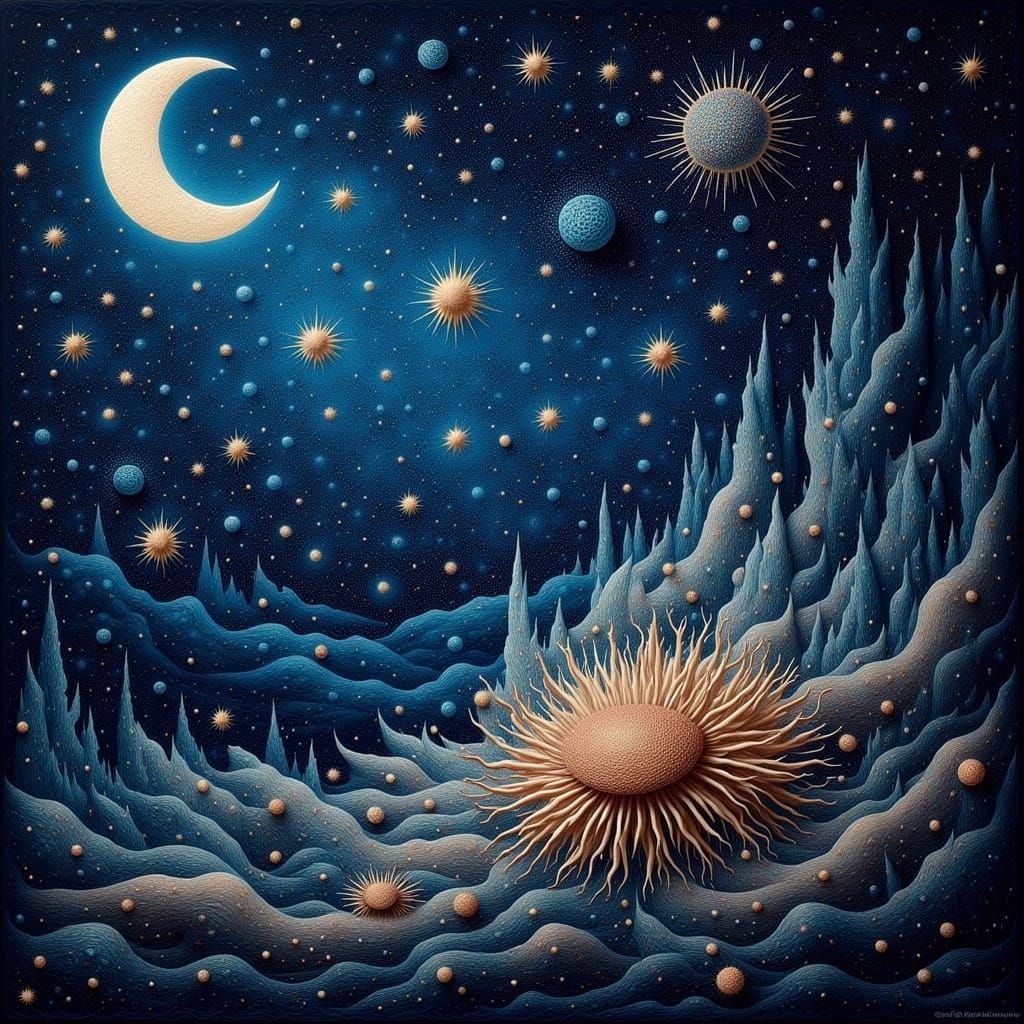 <lora:Macabre:1.0>  shining night sky background;by artist "deep sculptural textual shadows";by artist "textile origami couture"