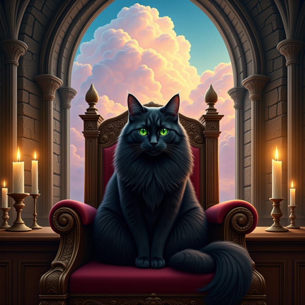 a pure black cat with extremely fluffy fur, sitting regally on an ancient, intricately carved wooden throne. The cat is illuminated by the w...