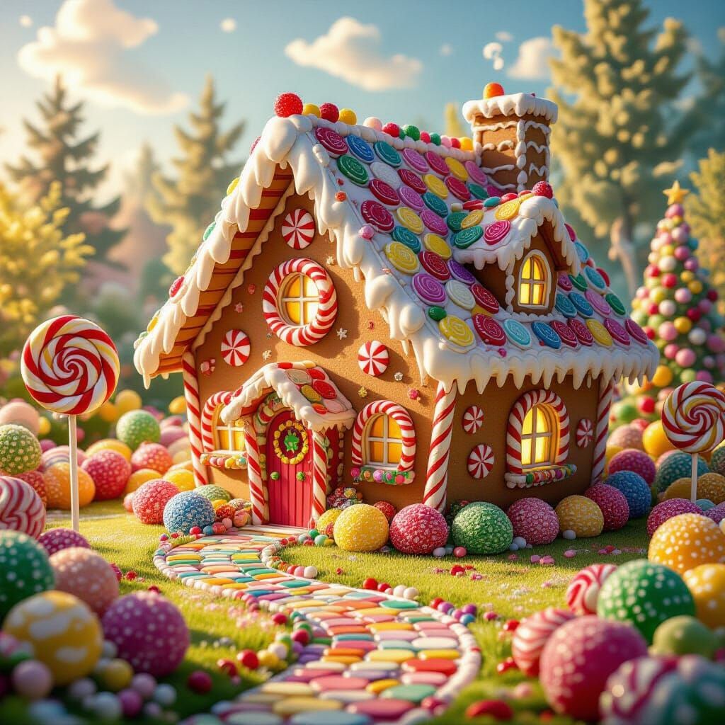 Whimsical Candy Gingerbread House and Garden in Golden Light
