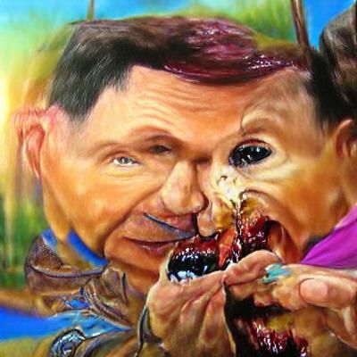 Kenneth Copeland eats a child horror oil painting