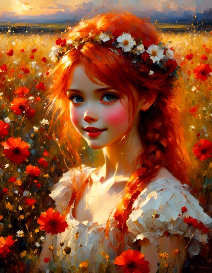Anime Girl in Flower Field, Painterly Style