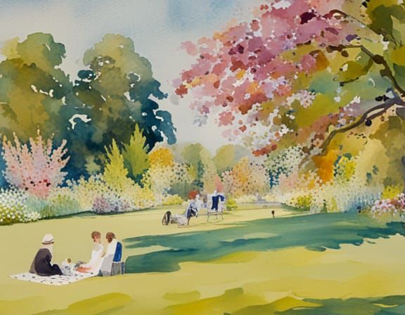 An English garden in summer with a picnic on the lawn waterc...