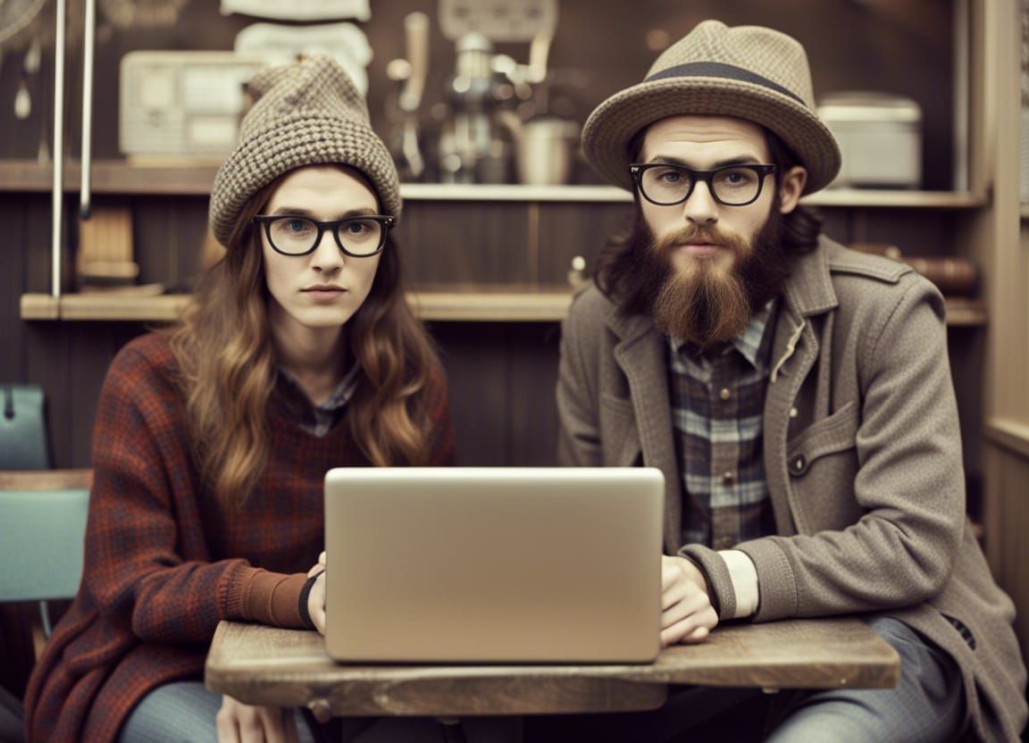 Retro-photo-of a "Hipster couple working with laptops on a coffee shop" vintage-clothes, alternative-fashion, ...  by @Arturex